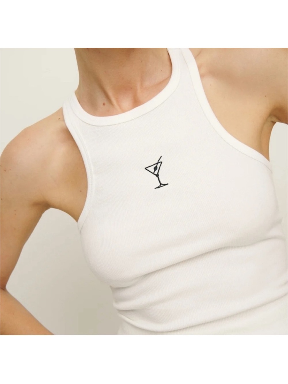 Reformation White Ribbed Tank with Embroidered Martini Glass